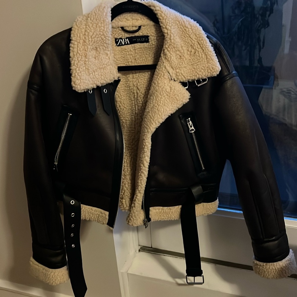 Zara crop moto jacket faux fur lined